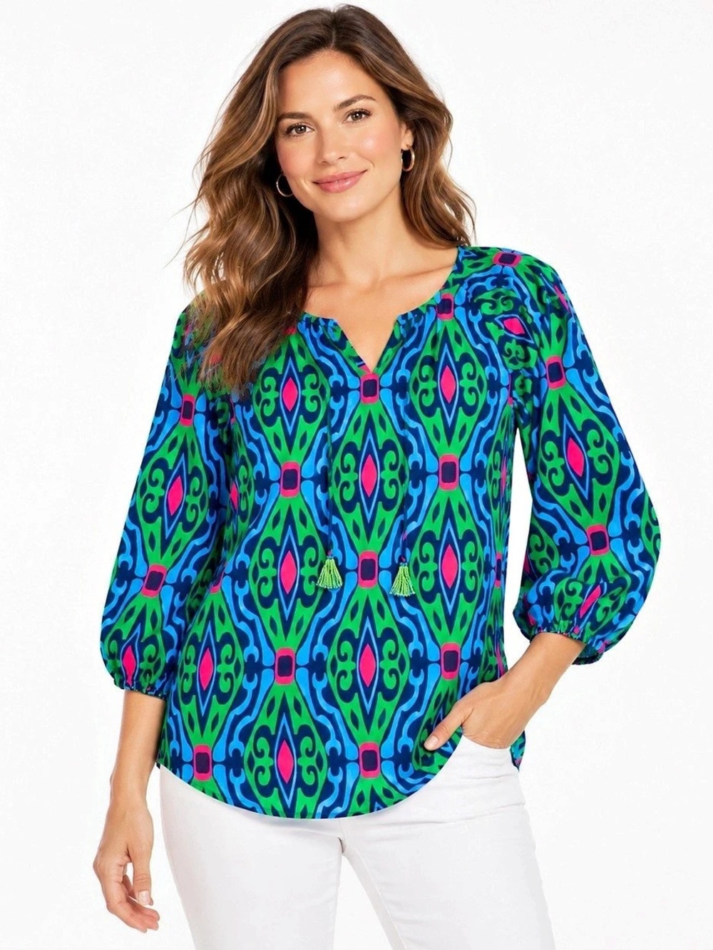 Escapada Small Geometric Rayon Blouse Tassel Boho Resort Vacation Top